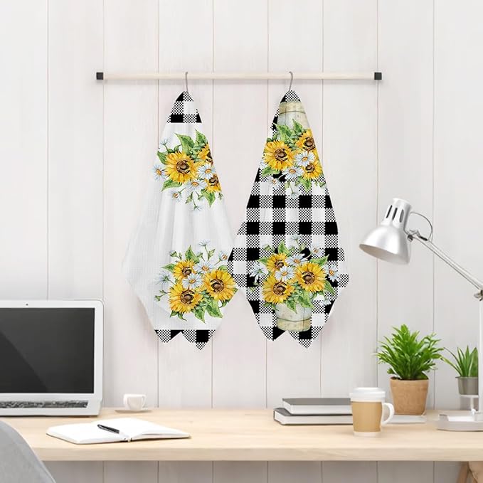 Jztco 2Pcs Sunflower Kitchen Towels 24x14 Inch, Spring Summer Floral Buffalo Plaid Hand Towels for Kitchen Farmhouse Decor, Absorbent Dish Cloth Tea Towel, Sunflower Gifts for Women Mom