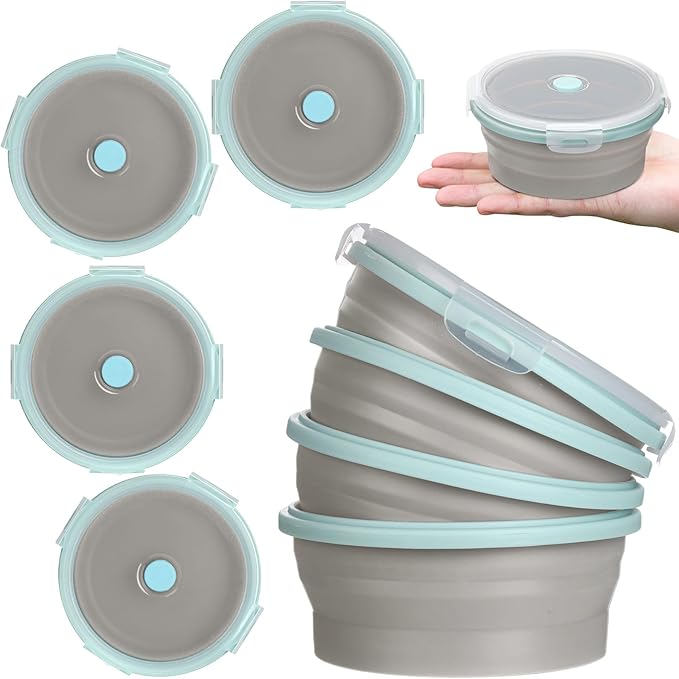 Suclain 4 Pcs Collapsible Bowls with Lids Silicone Camping Food Storage Container Expandable Folding Salad Lunch Box Travel Container for Hiking Camping(Blue Rim Gray,12 oz)