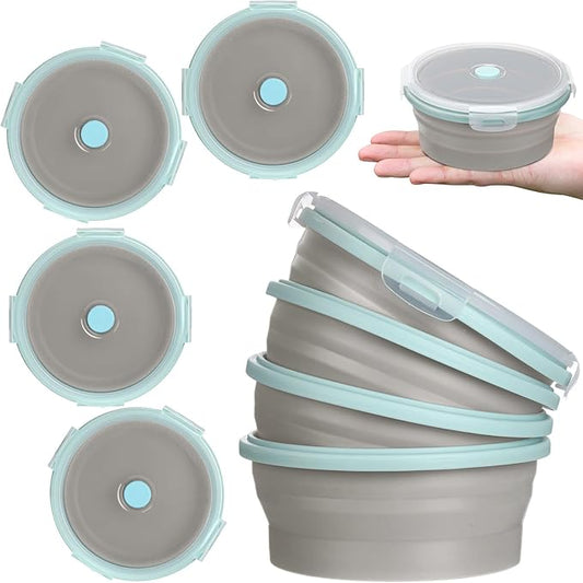 Suclain 4 Pcs Collapsible Bowls with Lids Silicone Camping Food Storage Container Expandable Folding Salad Lunch Box Travel Container for Hiking Camping(Blue Rim Gray,12 oz)