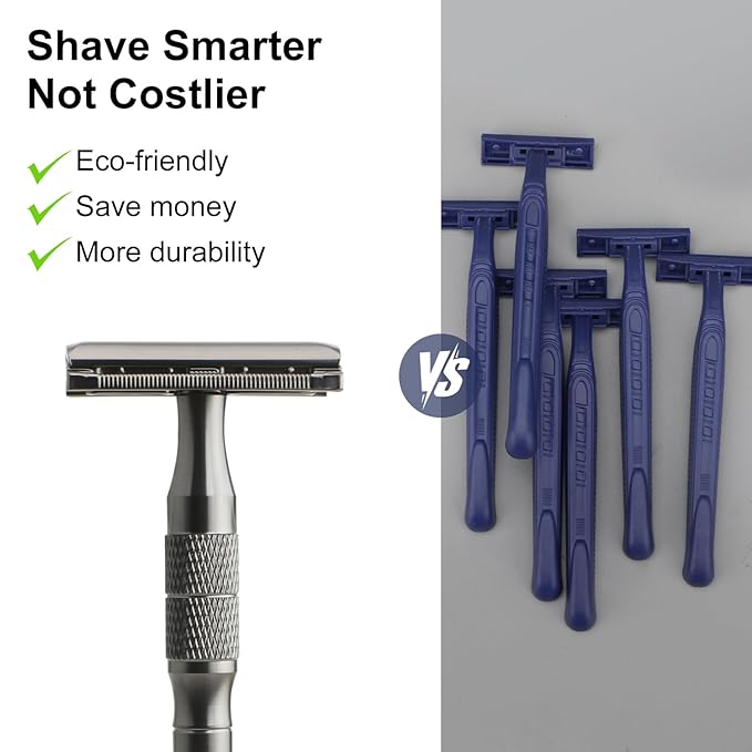Gun Black Safety Razor, Single Blade Razors for Men, with 10 Platinum Coated Stainless Steel Double Edge Safety Razor Blades, Smooth & Close Shave, Plastic Free, Sustainable