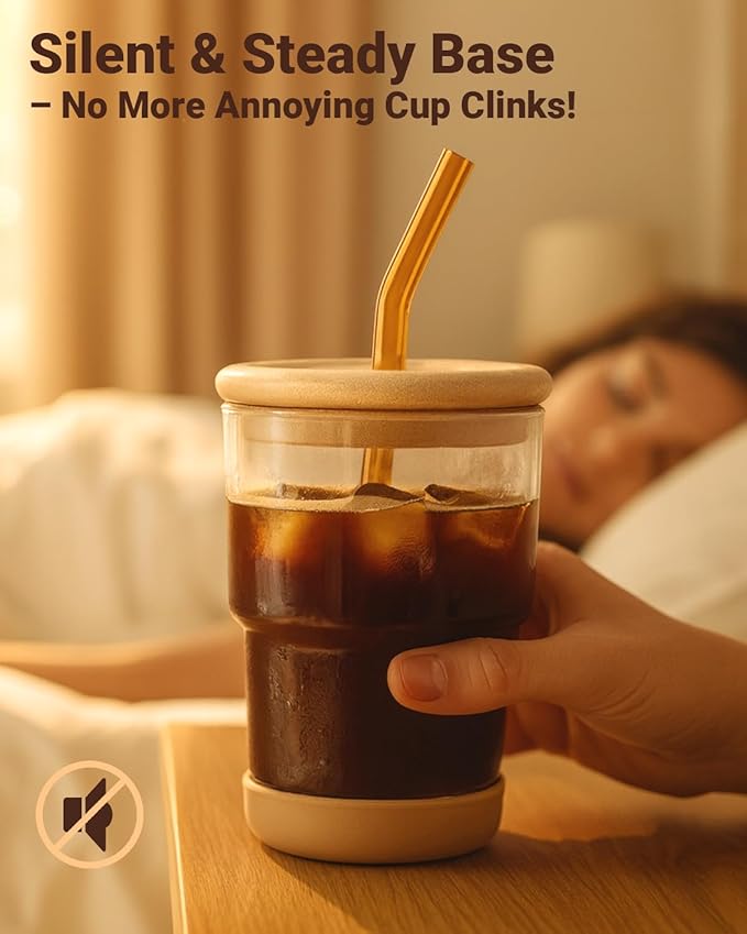 Zukro 13 oz Glass Iced Coffee Cups with Bamboo Lid and Straw for Office/Home/Work, Zero Plastic, Thick Wall Glass Water Tumbler With Silicone Bottom, Matcha Glasses, ECO Friendly, Amber & Shrimmer