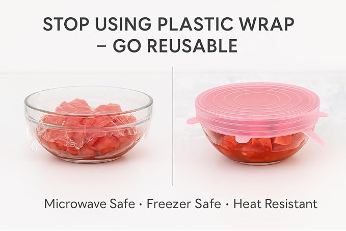 Silicone Stretch Lids Pink (6 Pack) Reusable Airtight Food Covers for Bowls, Containers & Fruits |Elastic BPA-Free Stretchable Lids | Microwave, Freezer & Dishwasher Safe | Plastic Wrap Alternative