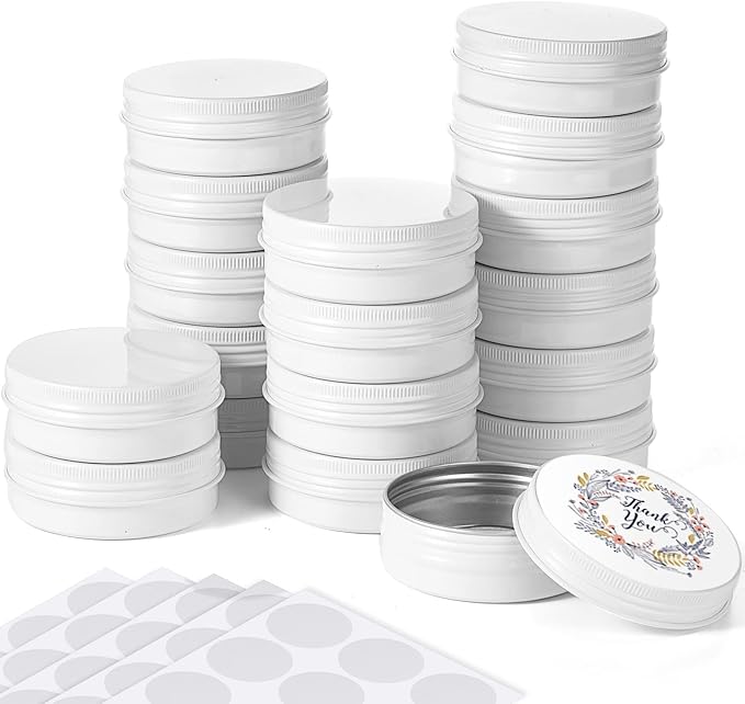 Patelai 72 Pcs 2 oz Aluminum Tins Salve Containers with Screw Lid and Labels Round Cans Travel Cosmetic Metal Tins Jar for Candles Lotion Bars Balms Food Spice Candies DIY Crafts(White)
