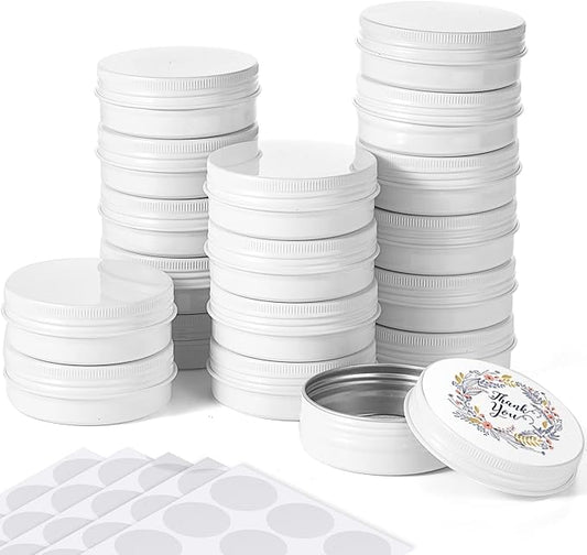 Patelai 72 Pcs 2 oz Aluminum Tins Salve Containers with Screw Lid and Labels Round Cans Travel Cosmetic Metal Tins Jar for Candles Lotion Bars Balms Food Spice Candies DIY Crafts(White)