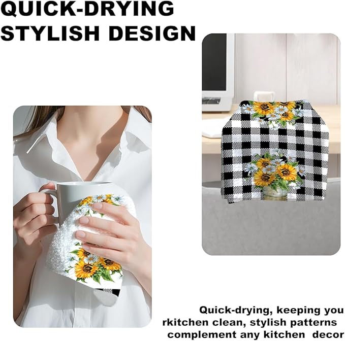 Jztco 4Pcs Sunflower Kitchen Towels 24x14 Inch, Spring Summer Floral Checkered Hand Towels for Kitchen Farmhouse Decor, Absorbent Dish Cloth Tea Towel, Sunflower Gifts for Women Mom, Bless Our Home