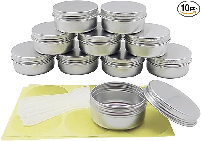 10pack 50ml Silver Aluminum Tin, 50 Gram Containers Leak Proof Cosmetic Jars, 50g Small Makeup Containers Round Screw Lids for Cosmetic, Salves, Lip Balms, Toner, Cream, Candle, Tea, Beads