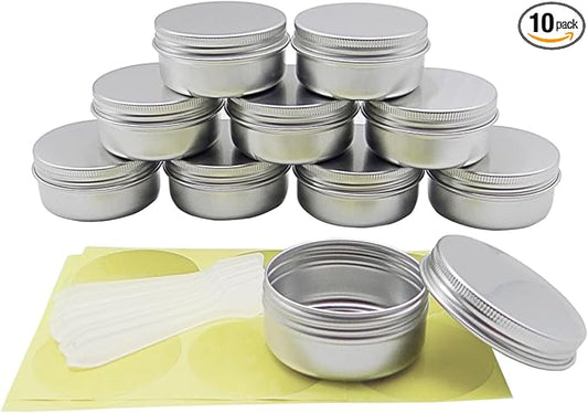 10pack 50ml Silver Aluminum Tin, 50 Gram Containers Leak Proof Cosmetic Jars, 50g Small Makeup Containers Round Screw Lids for Cosmetic, Salves, Lip Balms, Toner, Cream, Candle, Tea, Beads