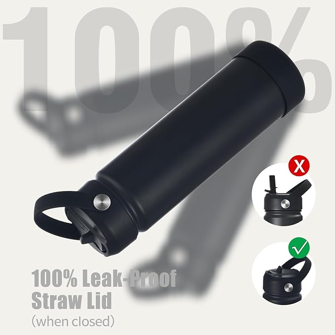 Mininoo Insulated Stainless Steel Water Bottle with Straw, Ceramic-Lined, BPA-Free & Leak-Proof, 24 oz, Black
