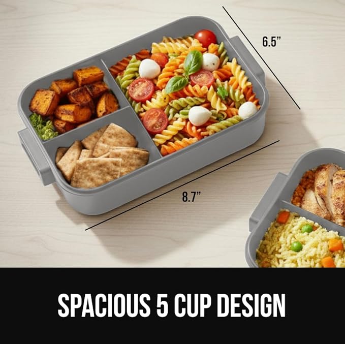 GORILLA GRIP BPA-Free Leakproof 3-Compartment Bento Lunch Box for Adults, Kids, Microwave Safe Hot and Cold Food Containers, Easy to Carry Lid Includes Built-In Utensils Set, Holds 5 Cups, Gray
