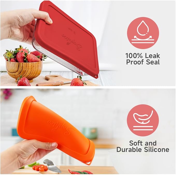 Sophico 3 Cup Rectangle Silicone Storage Cover Lids Replacement for Pyrex 7210-PC Glass Bowls, Container not Included (RED, 2 Pack)