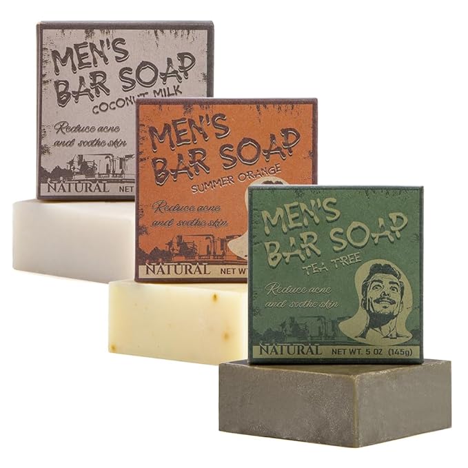 Natural Bar Soap for Body - 5oz x 3 Bars, Skin Cleansing Bar Soap Made from Natural Oils, Acne Relief & Skin Moisturizing - Australian Tea Tree, Summer Orange, Coconut Milk