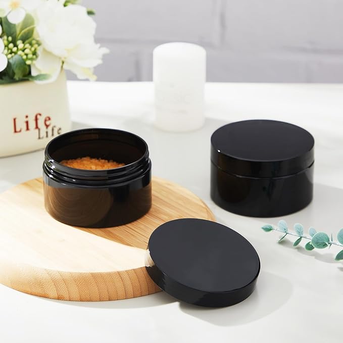 Dandat 24 Pcs 8 oz Plastic Jar Container with Lid and Label Refillable Empty Round Black PET Cosmetic Sample Containers for Lotion, Cream, Ointments, Body Butter, Makeup, Travel Storage