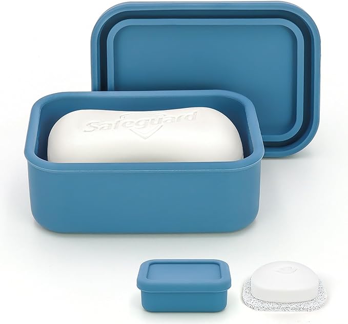 Leak Proof Silicone Travel Soap Case with Draining Layer, Compact Portable Soap Container, Shatterproof Soap Holder for Traveling, Camping, Gym, Bar Soap Caddy (Dark Blue)