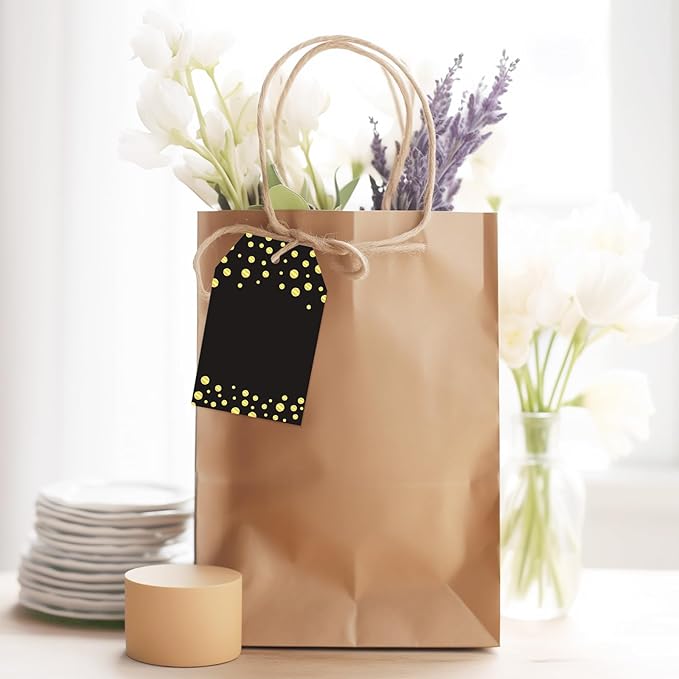 Anwyll Gift Tags with String - 100Pcs Gold Foil Metallic Confetti Polka Dot Gift Bag Tags Personalized Black Blank Hang Paper Label Tag for Birthday Party Bridal Shower Wedding Christmas Favor Present