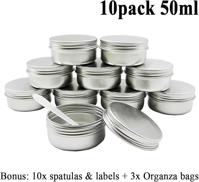 10pack 50ml Silver Aluminum Tin, 50 Gram Containers Leak Proof Cosmetic Jars, 50g Small Makeup Containers Round Screw Lids for Cosmetic, Salves, Lip Balms, Toner, Cream, Candle, Tea, Beads