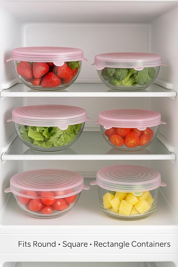 Silicone Stretch Lids Pink (6 Pack) Reusable Airtight Food Covers for Bowls, Containers & Fruits |Elastic BPA-Free Stretchable Lids | Microwave, Freezer & Dishwasher Safe | Plastic Wrap Alternative