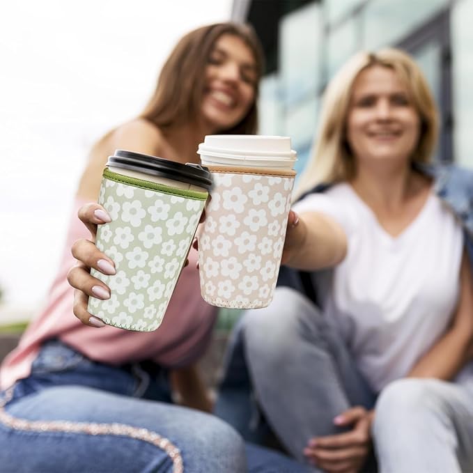 3 Pieces Reusable Insulated Neoprene Iced Coffee Cup Sleeve, Durable Drink Sleeve for Cold Beverages, Beverage Holder for Iced Coffee, 22-24 oz Medium (Floral Trio)
