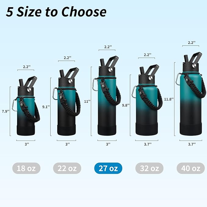 BJPKPK 27oz Insulated Water Bottles with 3 Lids, Paracord Handle & Non-slip Boot, Stainless Steel Water Bottle with Straw, BPA Free Thermal Flasks, Tumblers, Army Green & Black