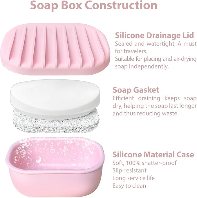 Leakproof Silicone Travel Soap Case with Drainage Layer, Silicone Bar Soap Holder Compact Portable Shatterproof Soap Container Box for Bathroom Gym Camp Travel Toiletries (Pink, Clear Lid)