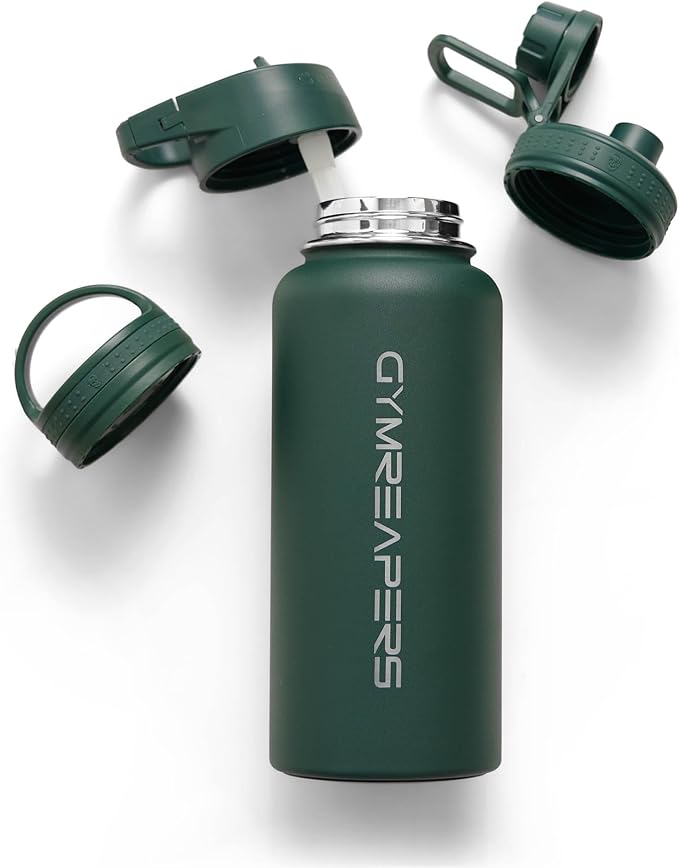 Gymreapers Insulated Water Bottle - Stainless Steel 32 Oz, 3 lids (Straw, Chug, Canteen), Double Walled Vacuum Insulation, Thermo Mug Cold Hot - Durable Powder Coated Finish