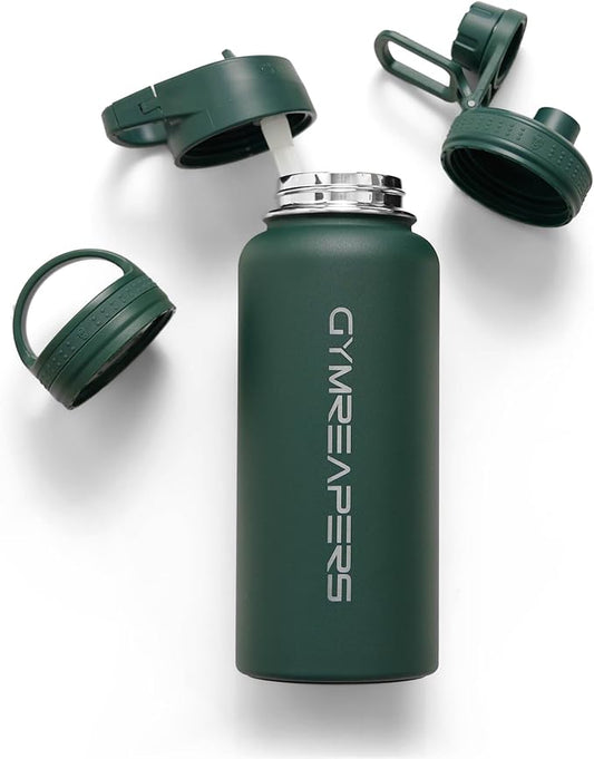 Gymreapers Insulated Water Bottle - Stainless Steel 32 Oz, 3 lids (Straw, Chug, Canteen), Double Walled Vacuum Insulation, Thermo Mug Cold Hot - Durable Powder Coated Finish