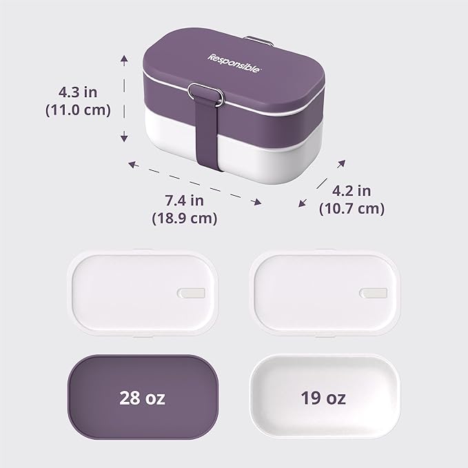 Responsible Products Leak Resistant Bento Box with Tableware for Adult - Teens, Insulated Lunch Box for Women - Men - Girls - Boys, BPA Free, Dishwasher Safe, Microwave Safe, Freezer Safe, 46 oz