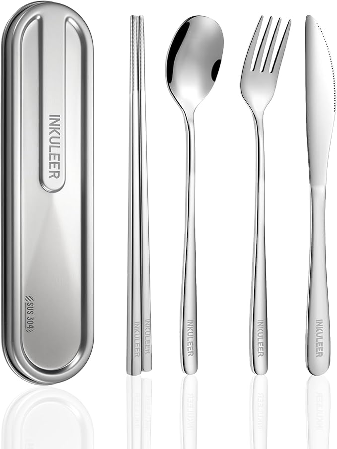Travel cutlery set, 18/8 stainless steel cutlery, Reusable utensils set with case, Portable Silverware Lunch Box for Camping and Office