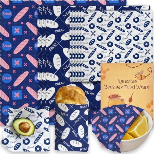 Reusable Beeswax Wraps, Blue & White Bread Bakery Wraps, 9 Pack Eco-Friendly Food Covers, Organic, Sustainable, Zero Waste, Plastic-Free, For Sandwich, Snack, Bowl, 1XL, 3M, 5S by Unknown