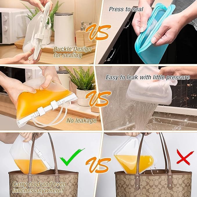 Reusable Silicone Leakproof Food Storage SnapBags Airtight Odorless Bag Stand-Up Bags Flat Bottom Reusable Ziplock Freezer Bag, Dishwasher Safe Bags Reusable Sous Vide Bags