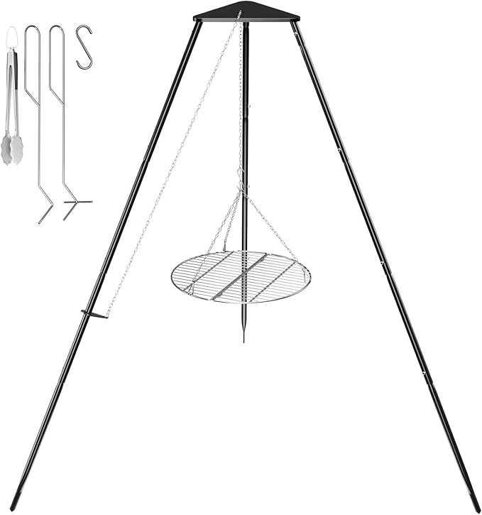 Campfire Tripod for Cooking, Campfire Cooking Equipment, Round Grill Grate with Adjustable Height for BBQ Picnic Outdoor Cookware Party & Collapsible Legs for Easy Storage