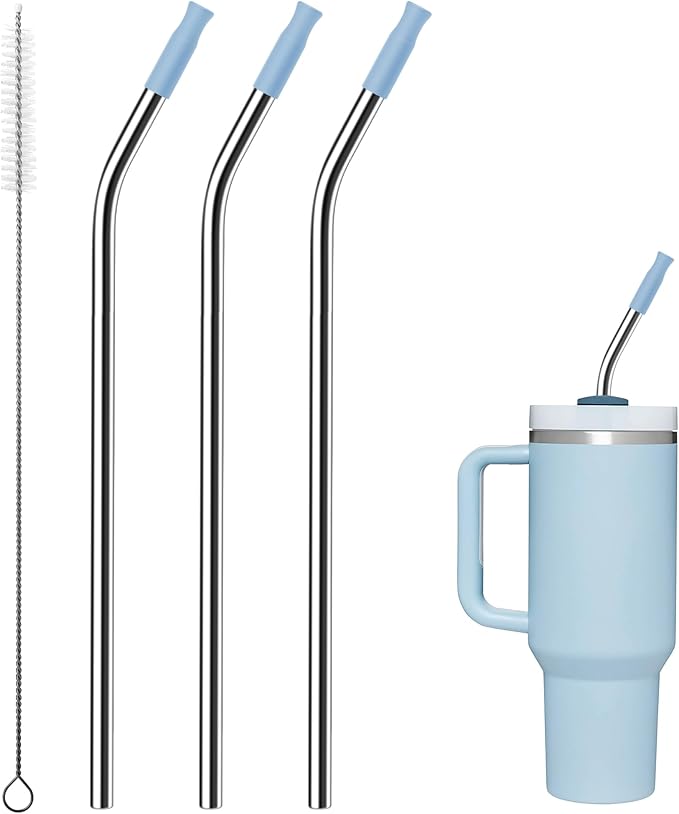 Reusable Stainless Steel Straws with Silicone Tip for Stanley 40oz, Metal Drinking Straws for 40oz Tumbler,3 Bent Tubes & 6 Tips& 1 Cleanr Brush (Chambray)