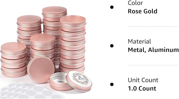 Patelai 72 Pcs 2 oz Aluminum Tins Salve Containers with Screw Lid and Labels Round Cans Travel Cosmetic Metal Tins Jar for Candles Lotion Bars Balms Food Spice Candies DIY Crafts(Rose Gold)