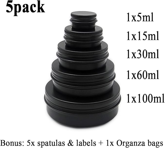 5pack 60ml Aluminum Tin, 1oz Black Metal Jar with Screw Lid, 30ml Empty Makeup Lip Balm Container Travel Cosmetic Pot Cans for DIY Cream Candle Powder Tea Beads (5/15/30/60/100ml, mixed size)