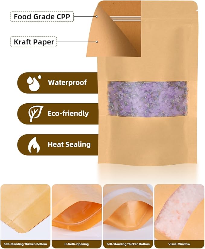 100pcs Kraft Bags with Window 4.7x7.8 Inches Brown Reusable Sealable Zip Lock Food Storage Stand up Paper Pouches for Home or Business