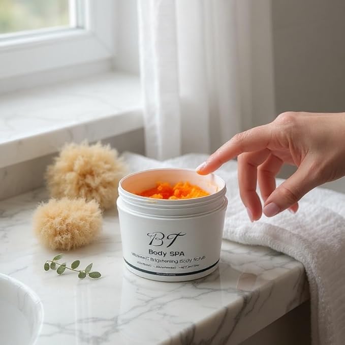 BT Body Spa Vitamin C Body Scrub Set – Brightening Exfoliating Scrub, Peach Body Wash & Turmeric Shower Gel for Smooth, Even-Tone Skin