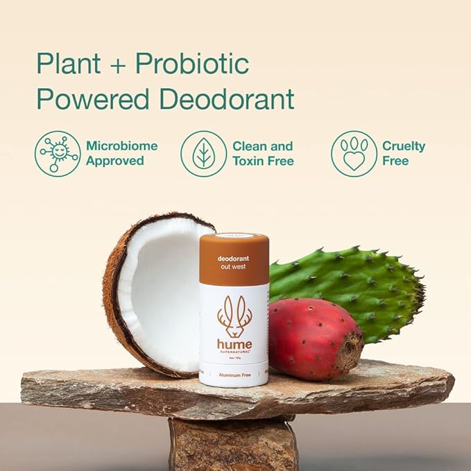 Hume Supernatural Aluminum Free Deodorant for Women & Men - Probiotic and Plant-Based, Long-Lasting Moisture Absorbing - Clean and Effective. (Out West - 2-Pack)