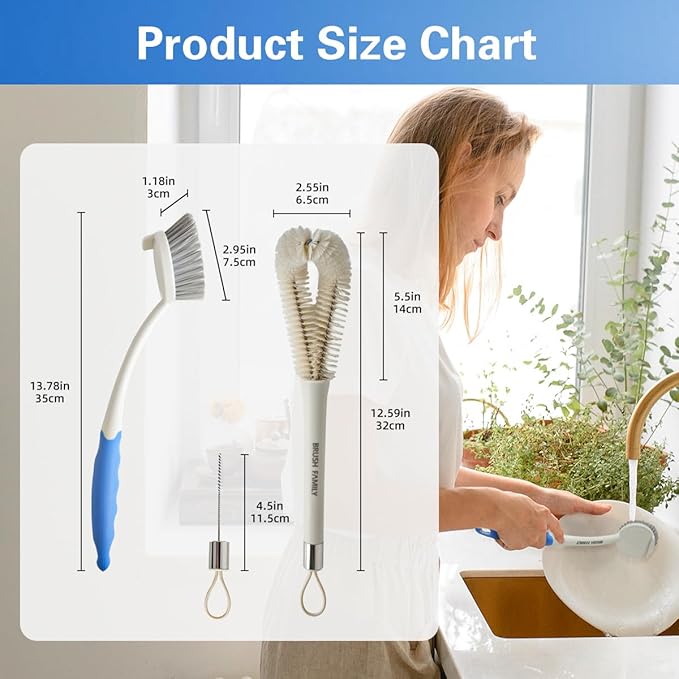 2 Pack Dish Brush Set with Dish Brush with Handle and 2-in-1 Water Bottle Brush with Removable Straw Brush for Bottles Cups, Dish Scrub Brush with Scraper Tip for Dishwashing Pans Pot Sink