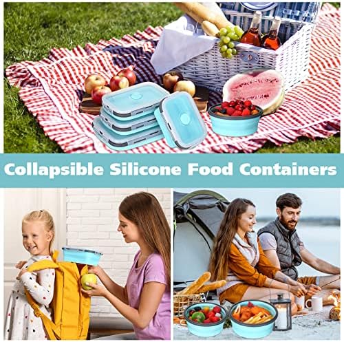 Mimorou 8 Pcs Collapsible Food Storage Containers Foldable Silicone Lunch Containers with Lids 4 Silicone Rectangle Collapsible Bowls and 4 Round Food Bowls Microwave Freezer Dishwasher Safe (Blue) - Image 6