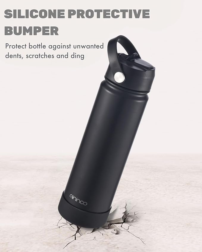 mininoo Insulated Stainless Steel Water Bottle with Straw and Lid for Sports, 24 oz, Midnight Black