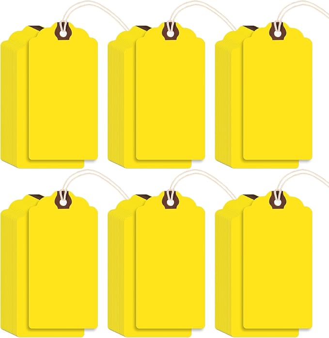 Outus 60 Pcs 4 3/4-in x 2 3/8-in Blank Large Paper Gift Tags with String and Reinforced Eyelet Wire Writable Price Tags Shipping Labels Inventory Labels(Yellow)