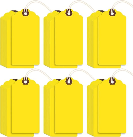 Outus 60 Pcs 4 3/4-in x 2 3/8-in Blank Large Paper Gift Tags with String and Reinforced Eyelet Wire Writable Price Tags Shipping Labels Inventory Labels(Yellow)