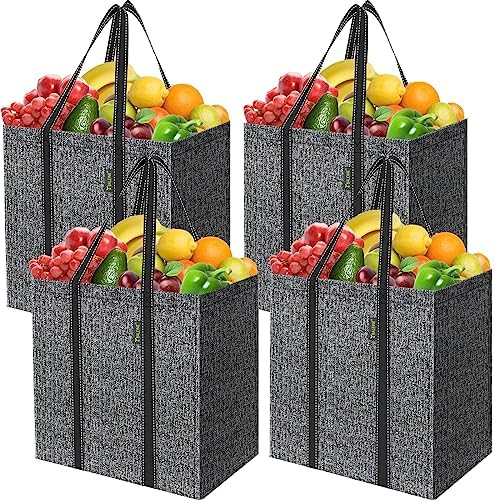 BALEINE 4 PK Grocery Bags Reusable Shopping Bags with Reinforced Bottom, Heavy Duty Foldable Tote Bags (Grey) by BALEINE