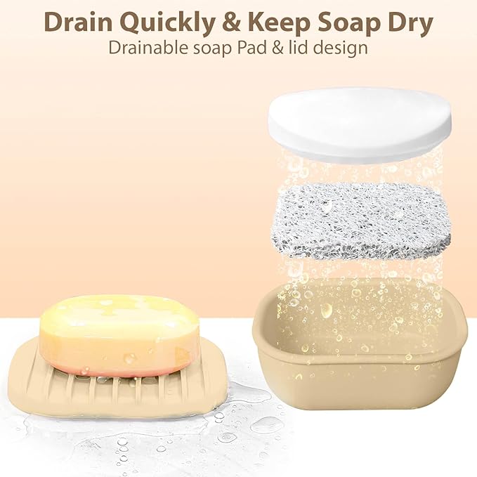 Leakproof Silicone Travel Soap Case with Drainage Layer, Silicone Bar Soap Holder Compact Portable Shatterproof Soap Container Box for Bathroom Gym Camp Travel Toiletries (Sand, Drainage Lid)