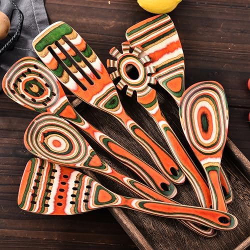 Gudamaye Pakkawood 7-Piece Red Wooden Cooking Utensils, Wooden Spoons for Cooking,Wooden Spoon Set, Wooden Kitchen Utensil set, Pakkawood kitchen Utensils for Serving, Bridal Shower Gifts - Image 7