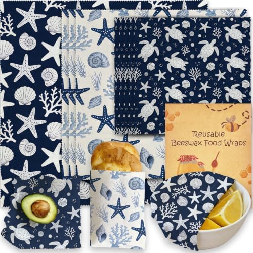 Reusable Beeswax Wraps, Sea Turtle&Starfish Shell Wraps, 9 Pack Eco-Friendly Food Storage, Organic, Sustainable, Zero Waste, Plastic-Free, Sandwich, Bowl, Fruit, 1XL, 3M, 5S by Unknown