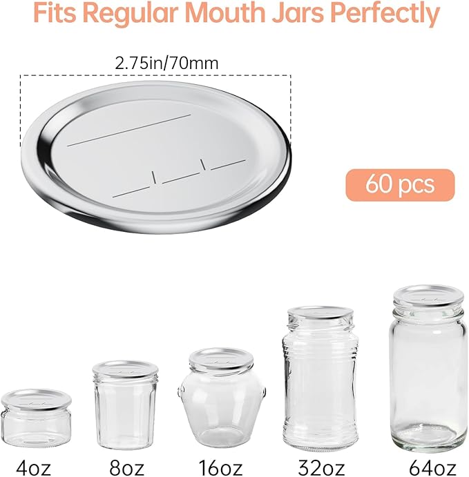 60 PCS Regular Mouth Mason Jar Lids, Compatible with Mason Jar Vacuum Sealer, Vacuum Seal Mason Jar Lids Only, Replaceable Mason Jar Vacuum Sealer Lid, Canning Lids Regular Mouth, With Date Reminder
