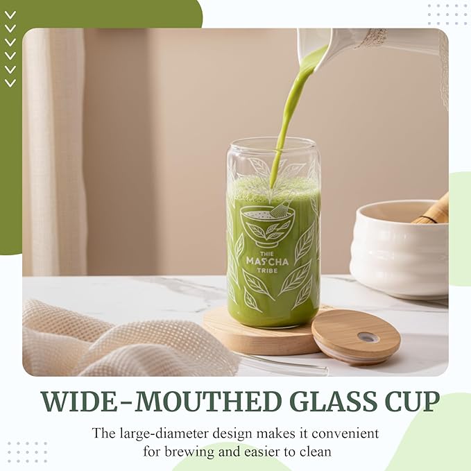 2 Set 16oz Matcha Glass Cups with Bamboo Lid and Straw 2 Brush Reusable Sealed Thick Leakproof Iced Coffee Cup Borosilicate Glass Tumble Gift for Matcha Lovers, Latte, Juice, Smoothie
