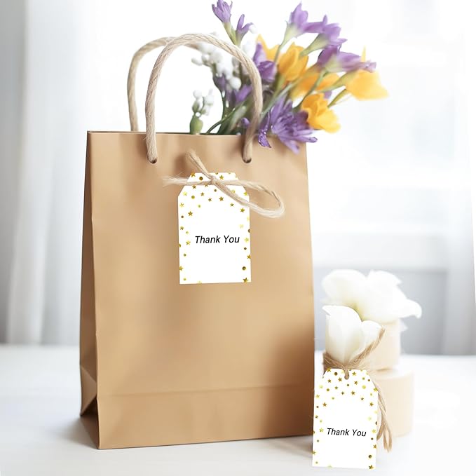 jijAcraft Gift Tags with String, 100Pcs Gold Foil Star Blank Gift Wrapping Labels, 3.3x2.1 Inch White Paper Name Tags for Wedding, Birthday, Baby Shower