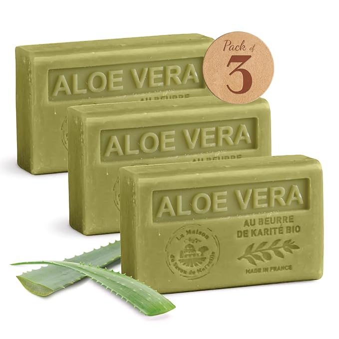 Hand & Body Soap Bars Trio - Aloe Vera Moisturizing French Soap with Organic Shea Butter - Rich Creamy Lather - 97% Natural Ingredients - Solid Bath Cleanser Made in Provence - 3x4.4 oz