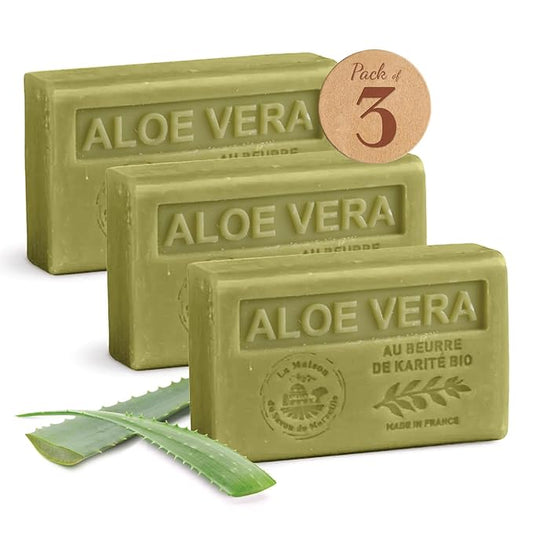 Hand & Body Soap Bars Trio - Aloe Vera Moisturizing French Soap with Organic Shea Butter - Rich Creamy Lather - 97% Natural Ingredients - Solid Bath Cleanser Made in Provence - 3x4.4 oz